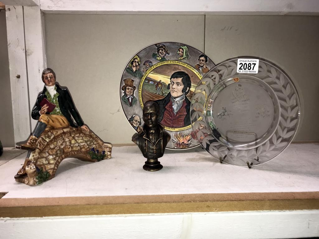 A Royal Doulton Robert Burns on bridge HN3641, plate D6344, Burns crystal plate & rsin bust of Burns