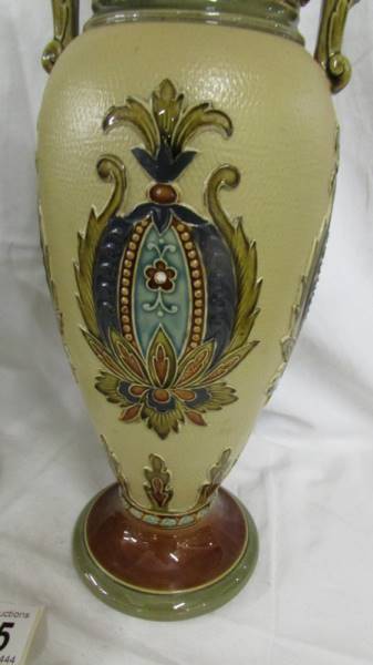 A pair of Mettlach vases, 15" high, number 2505. Other numbers on base are 1 and 34. Beige ground - Image 3 of 4