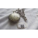 A silver pocket watch with outer protective case on a 53 gram silver watch chain.