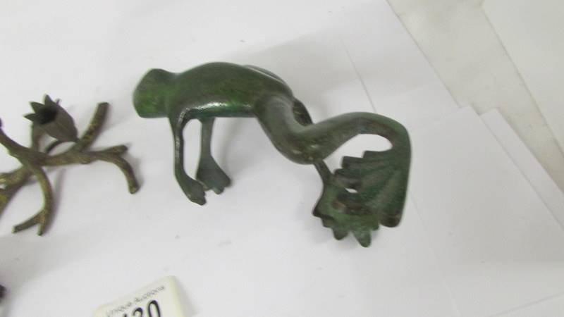 Two Japanese bronze frogs and a cold painted small twig centre piece. - Image 2 of 4