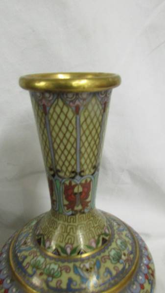 A pair of decorative Cloissonne vases on bases, vases 18cm tall, with bases 21.5cm tall. - Image 4 of 4