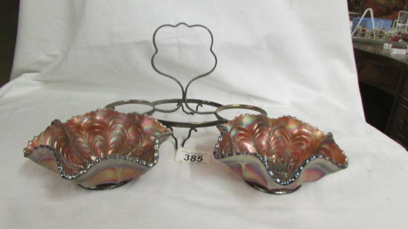 A pair of Fenton amethyst and gold peacock tail dishes on a plated stand. - Image 2 of 2