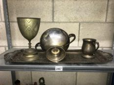 1931 - 1940 Silver plated ladies tennis trophy, Indian brass tray, goblet and tankard