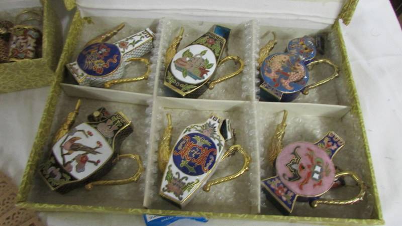 Two cased sets of Chinese Cloissonne tea/coffee pots and a boxed fan. - Image 3 of 4