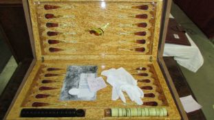 A rare Russian Emelyanov amber-redwood luxury backgammon hockey design set in case. Unused and