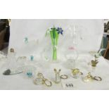 Nine hand made glass ornaments and four key rings. (Collect only).