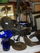 A mixed lot of metal ware including cast iron trivet, blue glass etc., (Collect only).