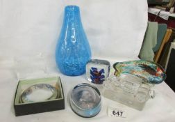 Six glass paperweights including Bugatti 1927, Lincoln High Alter, Snowman scene etc.,