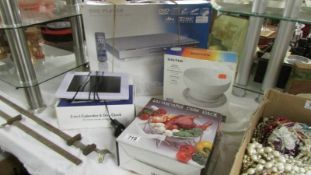 A boxed DVD player, Salter scales, Dish on stand and clock. (Collect only).