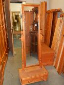 A pine floor standing mirror with drawer. (Collect only).