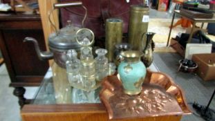 A copper kettle, brass shell cases, cruet etc., (Collect only).