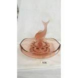 A pink glass rose bowl with fish finial.
