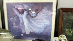 A framed and glazed signed study of dancers by L Ross. (Collect only).