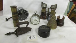 A mixed lot including Smith's car clock, a small clock (iwo), binoculars (a/f), a brass telescope