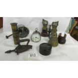 A mixed lot including Smith's car clock, a small clock (iwo), binoculars (a/f), a brass telescope