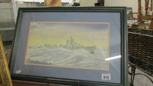 A framed and glazed watercolour of a battleship, signed Bill Wedgwood 06.