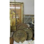 Three brass wall plaques and a copper post horn. (Collect only).