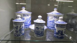 Two Spode Italian storage jars with spare lid and 3 Spode 'The Blue Room' spice jars.