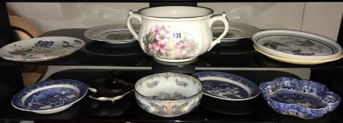 A quantity of antique plates & bowls including Denby blue & white Royal Henley etc, (2 shelves)