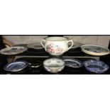 A quantity of antique plates & bowls including Denby blue & white Royal Henley etc, (2 shelves)