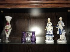 A Continental overlaid glass vase & pair of pottery figures etc.