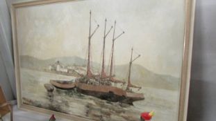 An oil painting on board of a fishing boat coming in to harbour signed John Smith 1973.
