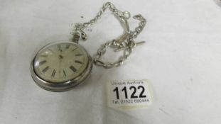 A silver pocket watch in protective outer case on a 53 gram silver watch chain.