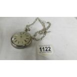 A silver pocket watch in protective outer case on a 53 gram silver watch chain.