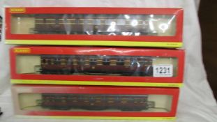 Three boxed Hornby R4141A, R4142A, LMS Coronation composite and a brake coach.