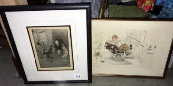2 Satirical dentist pictures, 1 watercolour & 1 engraving