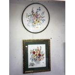 2 gilt framed & glazed floral embroideries from late 1950's, 1 oval & 1 rectangular