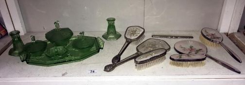 An art deco green glass dressing table trinket set (few minor nibbles in places) and 2 sets of