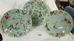 Four hand painted chinese plates, one chipped others good.