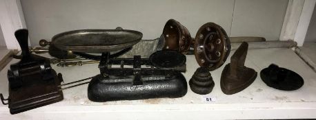 Antique cast iron kitchen scales, copper dollies, brass fire irons etc.