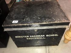 A metal deed trunk to Minster Grammar School, Southwell (46cm x 37cm x 38cm high) *Collect Only*