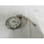 A silver fob watch with key and a silver toothpick.