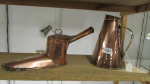 A 19th century copper wine muller and an antique copper jug.