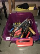 A large box of tools including hacksaws & crwo bar etc.