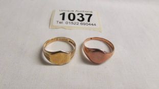 A 9ct gold signet ring, size R, 2.8 grams and an un-marked signet ring, size R, 4 grams.
