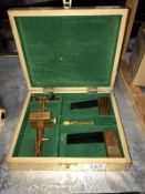 A quantity of Faithfull tools, Wooden case and contents including Plane, Scribe, 2 set squares. (