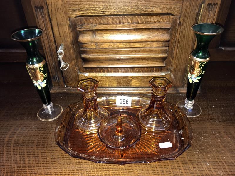 Pair of continental green glass vases with gold decoration and amber glass dressing table set