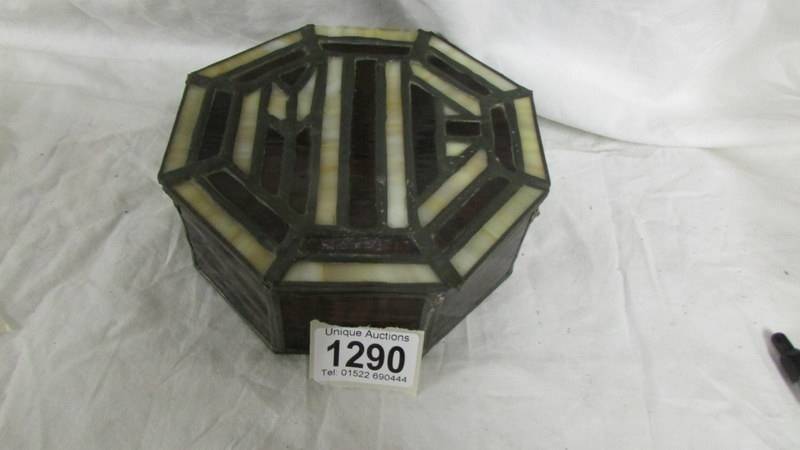 A leaded glass trinket box eith 'MG' car logo in lid.