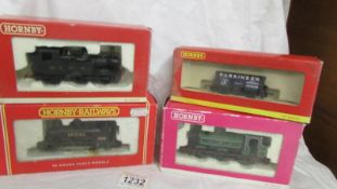 Three Hornby 'OO' gauge locomotives, R2026D, R2186B, R337 and one wagon R6169.