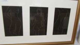 Eric Gill (1882-1940) Three female nude engravings (in one frame) from 25 nudes prox