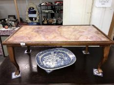 A teak framed pink marble top coffee table (99cm x 54cm x 42cm high) *Collect Only*