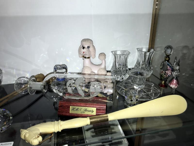 A shelf of miscellaneous collectables including cut glass, ship in bottle & pewter fairy etc. - Image 3 of 3
