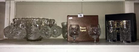 A large glass punch bowl, with 12 cups (missing 3 clips) and boxed Stuart and Royal Scot crystal