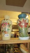 Two 12" opaline hand painted glass vases.