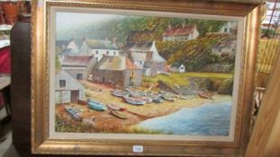 A Kieth Ward Cornish school large gilt framed coastal scene oil on canvas.