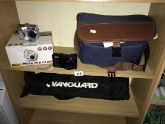 A Sharp Viewcam, Panasonic Lumix, Nikon Coolpix camera & Vanguard tripod (2 shelves)
